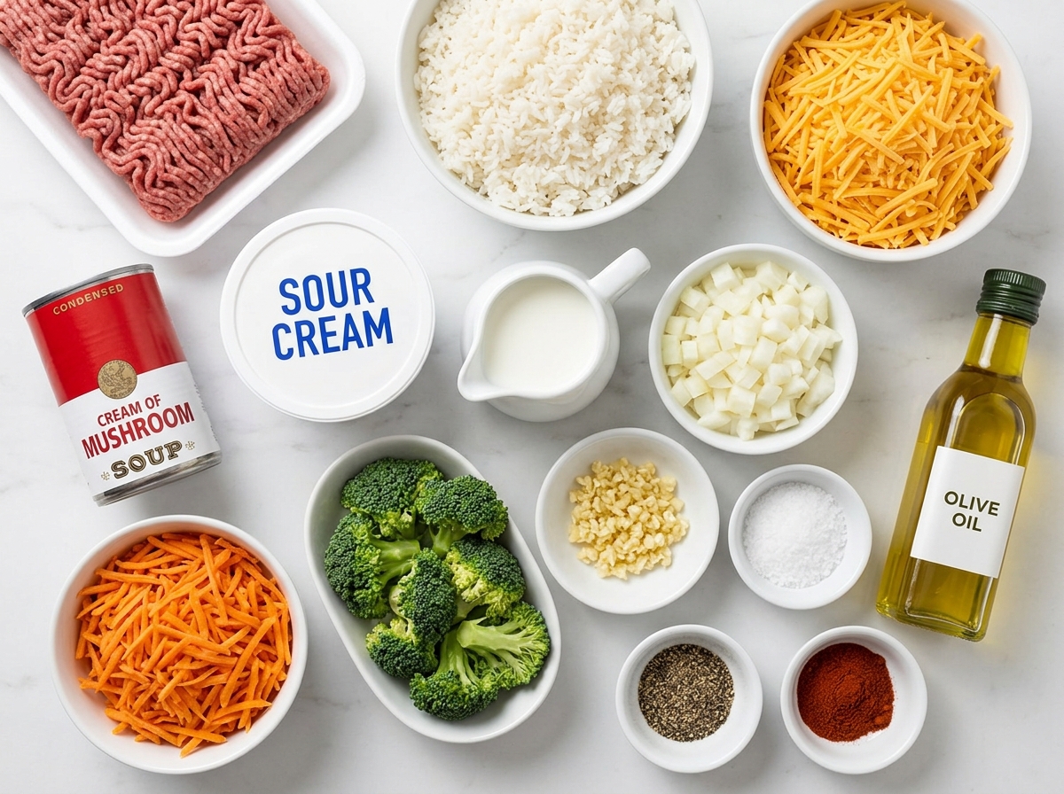 Ingredients for cheesy ground beef and rice casserole on a wooden surface