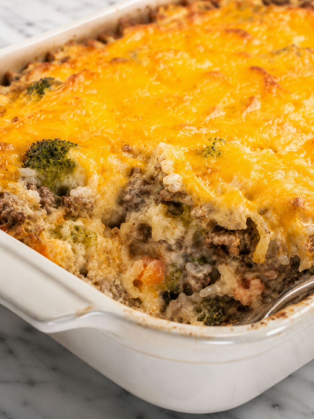 Easy Cheesy Ground Beef and Rice Casserole, plated and served