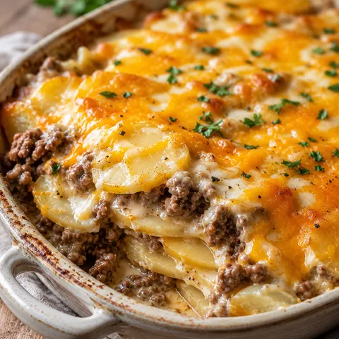 Cheesy hamburger potato casserole with golden melted cheese and layered potatoes in a baking dish