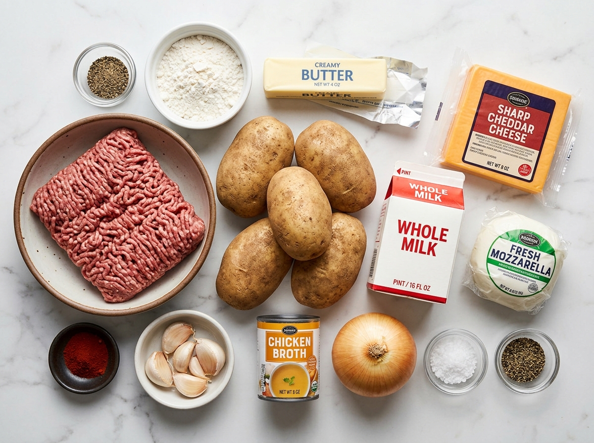 Raw ingredients for cheesy hamburger potato casserole on a wooden surface