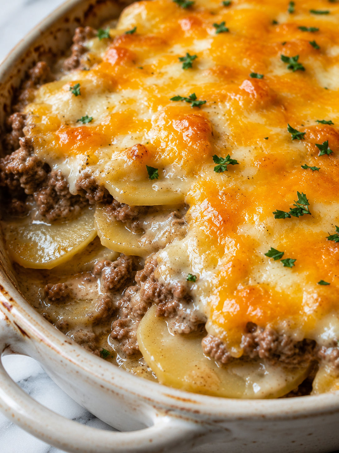 Easy Cheesy Hamburger Potato Casserole, plated and served