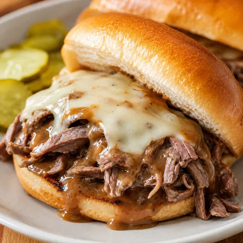 Hot beef sandwich with melted provolone, gravy, and pickles