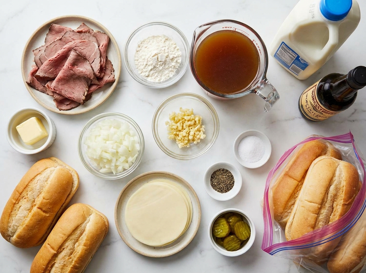 Ingredients for hot beef sandwiches with gravy and provolone