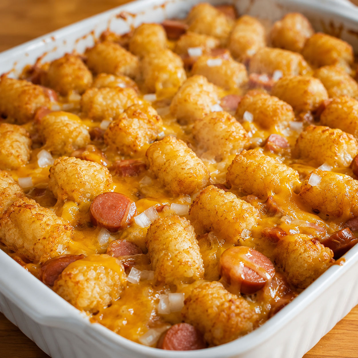 Cheesy hot dog tater tot casserole with golden crispy tots and melted cheddar
