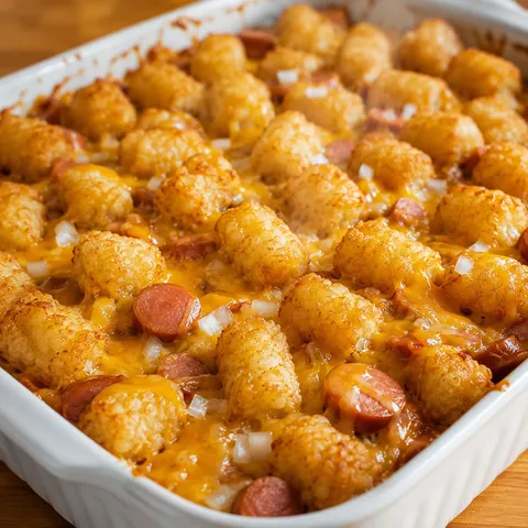 Cheesy hot dog tater tot casserole with golden crispy tots and melted cheddar