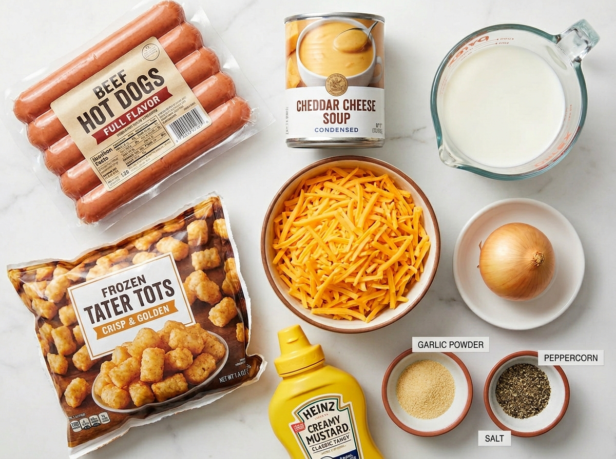 Raw ingredients for cheesy hot dog tater tot casserole on a wooden counter