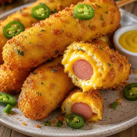 Cheesy jalapeño corn dogs with mustard and melty cheddar filling
