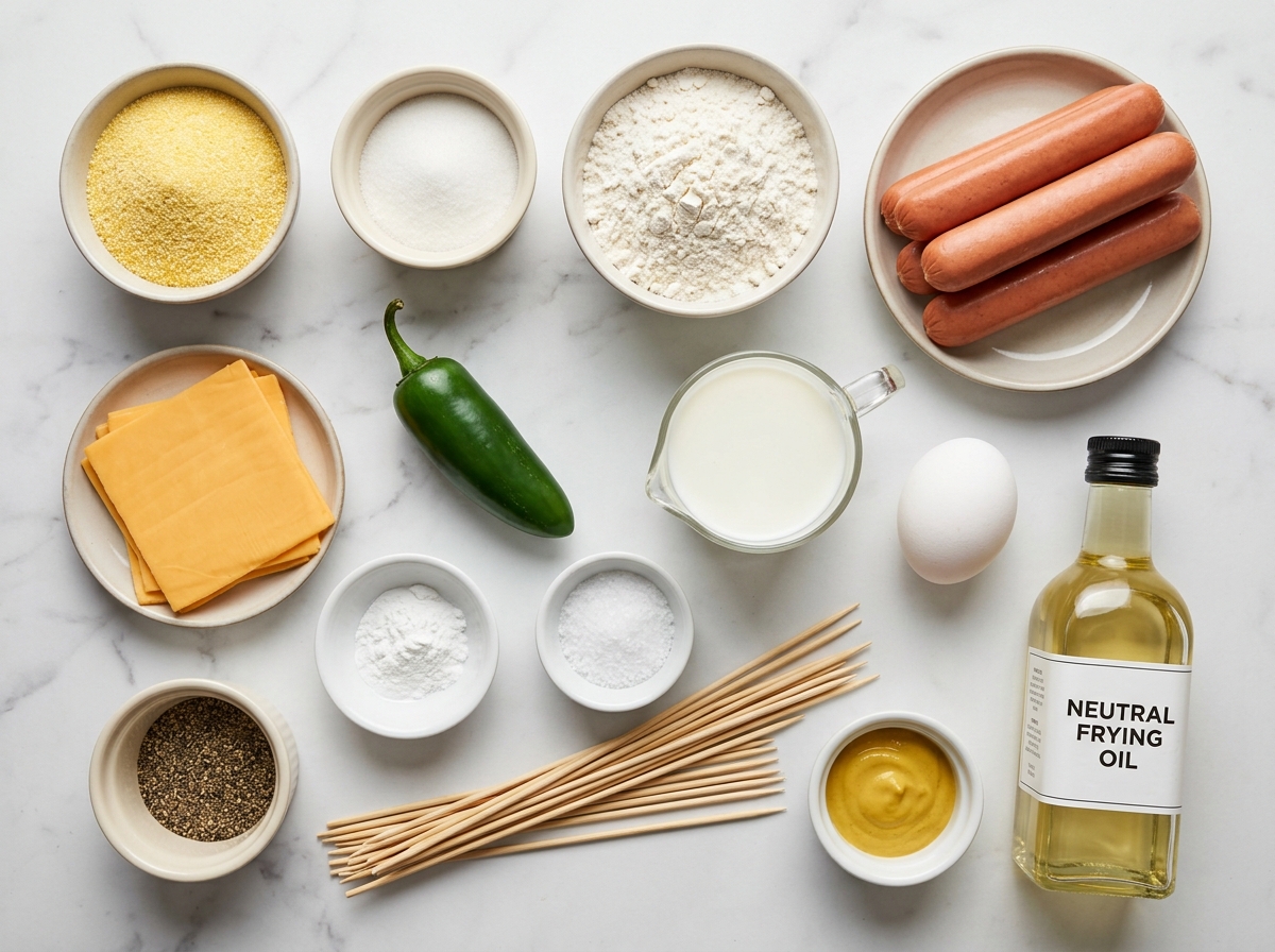 Ingredients for cheesy jalapeño corn dogs with hot dogs and cornmeal