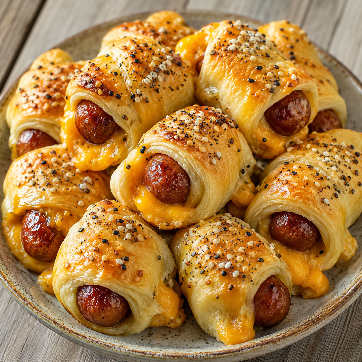 Golden baked kilted sausage bites with melted cheese and everything seasoning on a ceramic plate