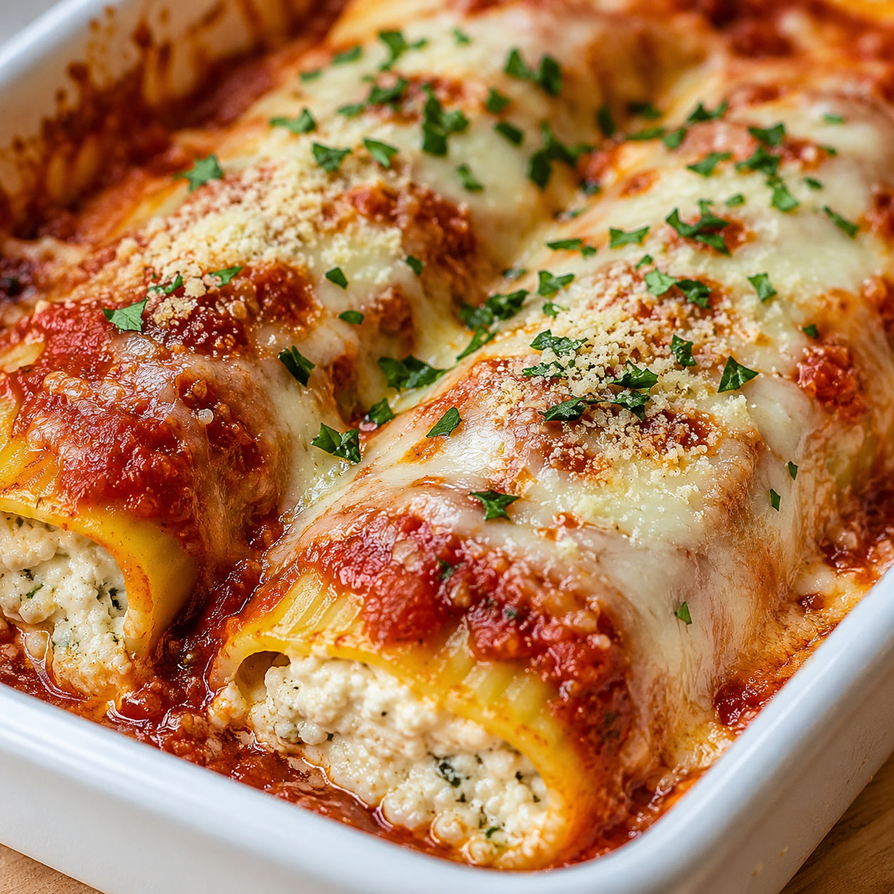 Cheesy manicotti with marinara, melted mozzarella, and parsley