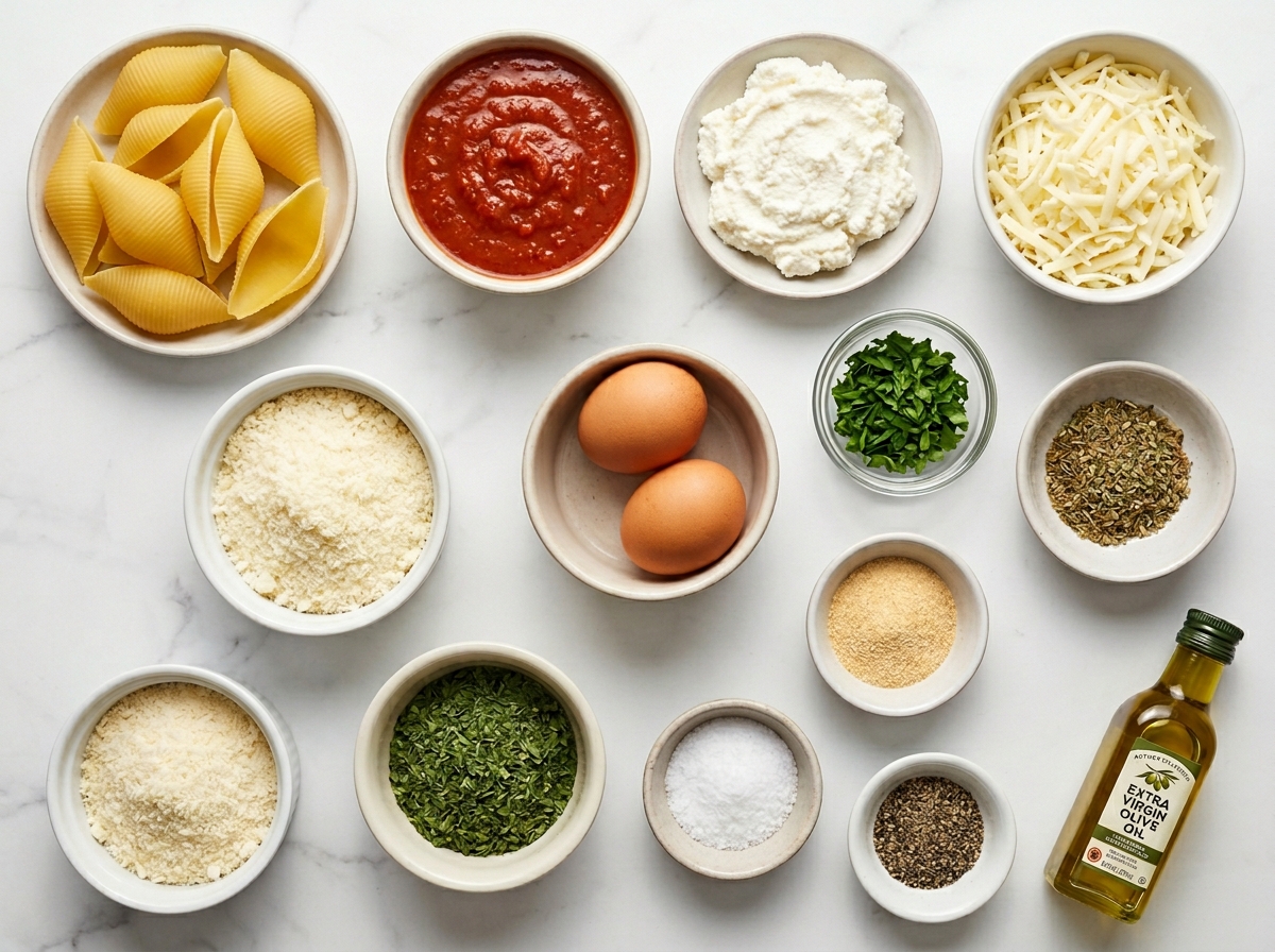Ingredients for cheesy manicotti with pasta shells, ricotta, mozzarella, and marinara