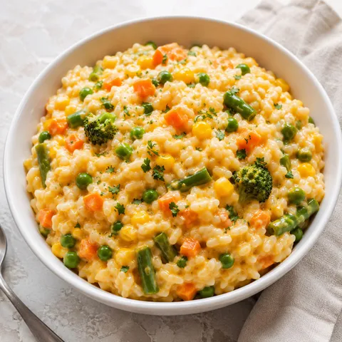 Cheesy rice with mixed vegetables and broccoli in a white bowl