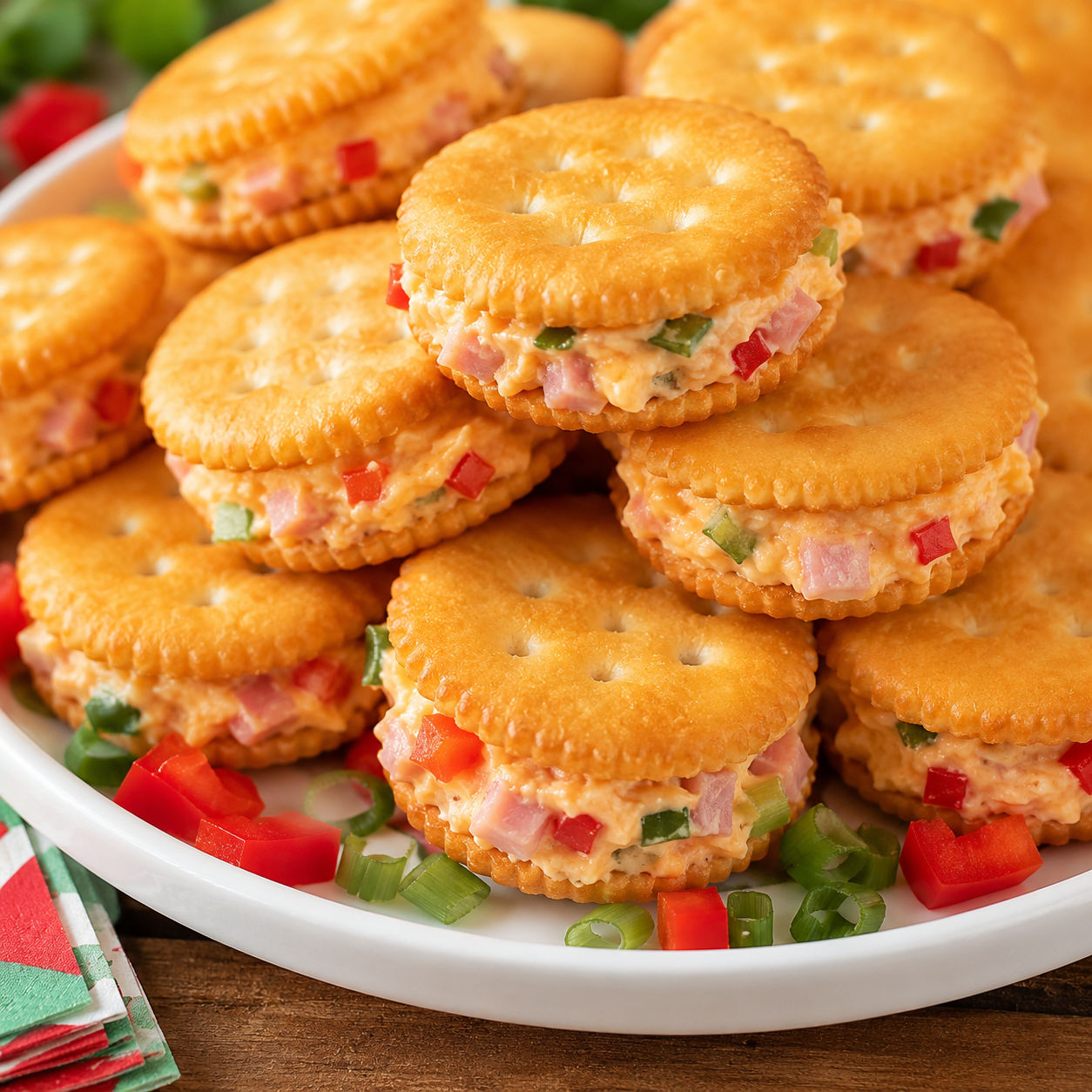 Ritz cracker sandwiches with creamy ham, cheddar, bell pepper, and green onion