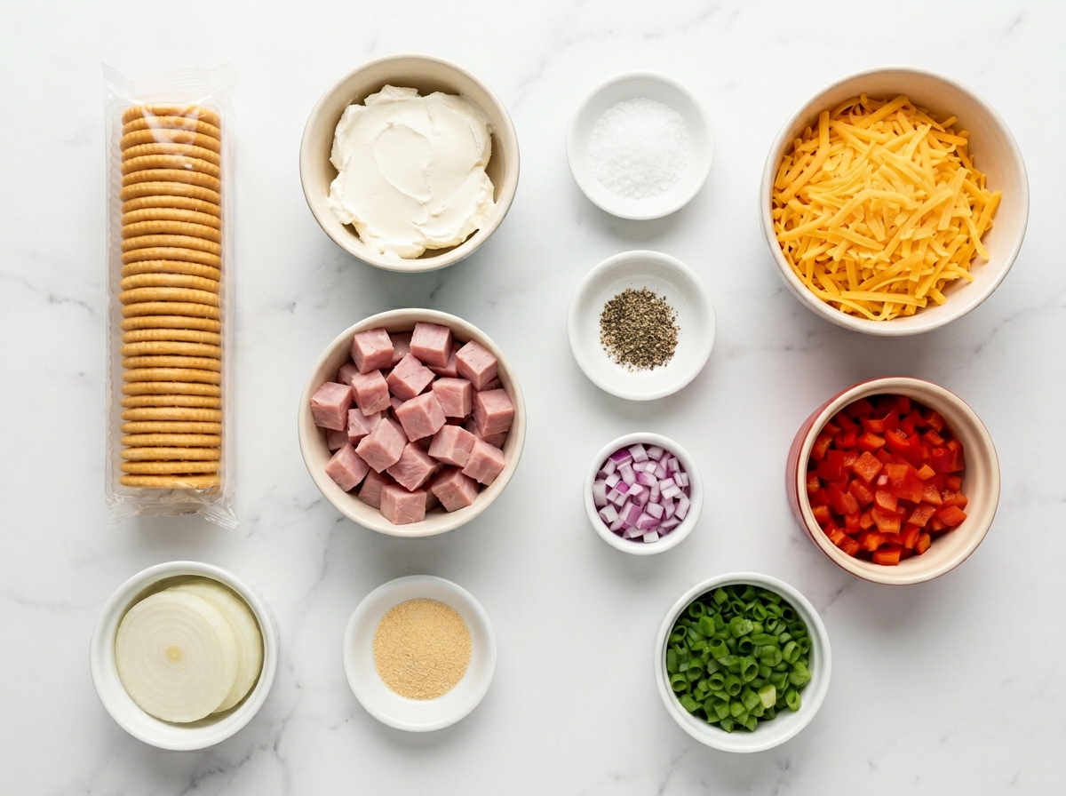 Ingredients for Ritz cracker sandwiches with ham, cheddar, and vegetables