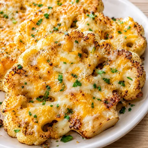 Cheesy roasted cauliflower steaks with parsley on a white platter