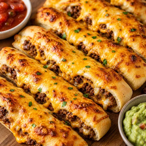 Golden baked taco breadsticks stuffed with beef and cheese on a wooden board with salsa and guacamole