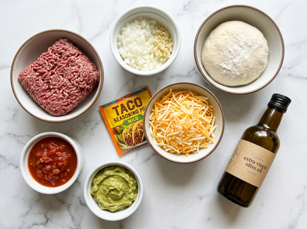 Raw ingredients for cheesy taco breadsticks on a light wooden surface