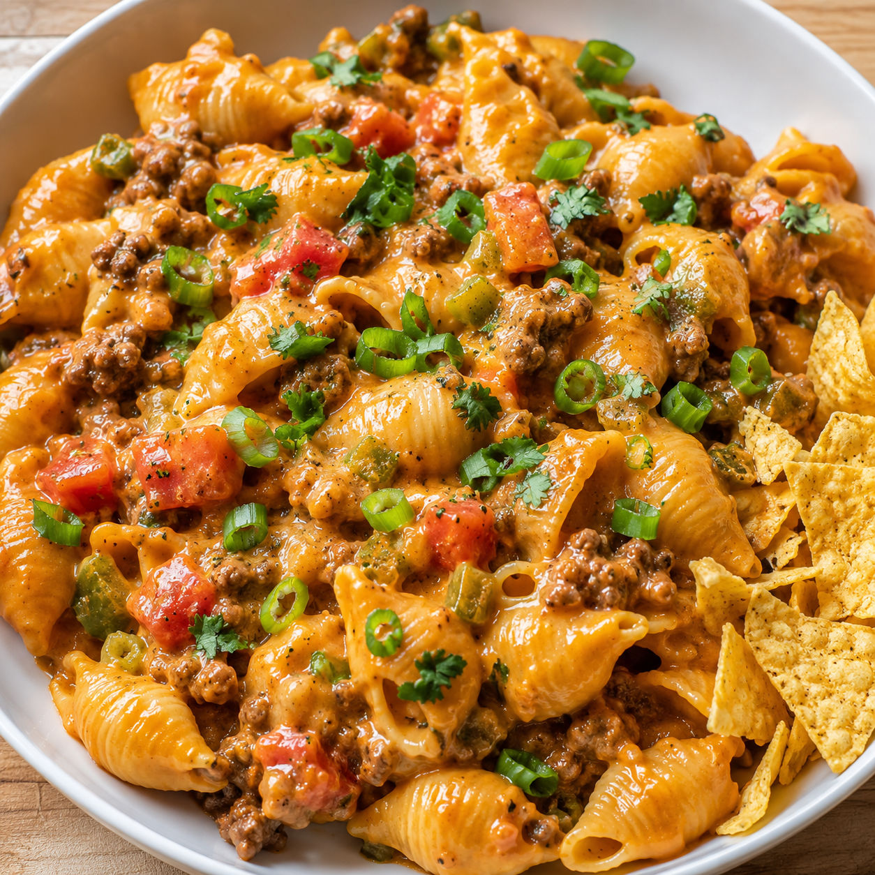 Cheesy taco cream cheese pasta with beef, green onions, and tortilla chips