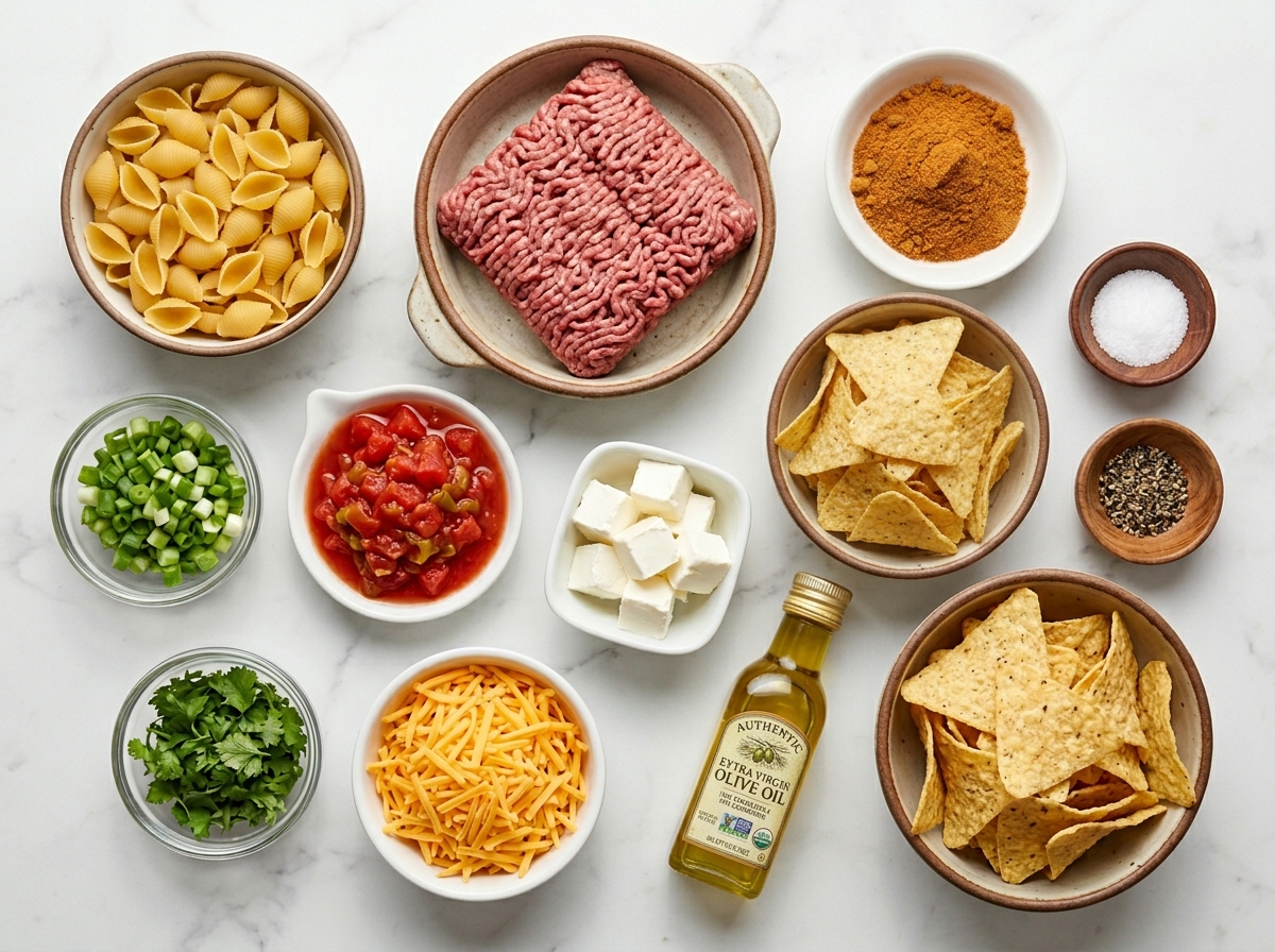 Ingredients for taco cream cheese pasta with shells, beef, cheese, and green onions