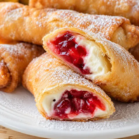 Golden cherry cheesecake egg rolls dusted with powdered sugar on a white plate