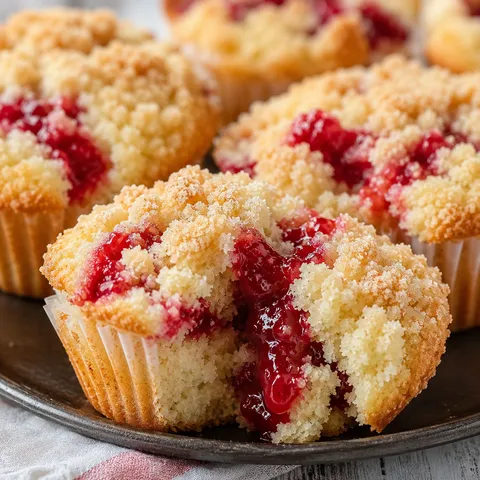 Cherry cobbler muffins with streusel and glossy cherry filling
