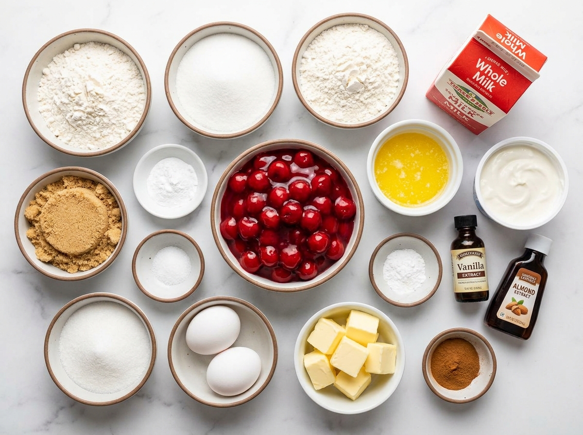 Ingredients for cherry cobbler muffins with flour, cherries, butter, eggs and cinnamon