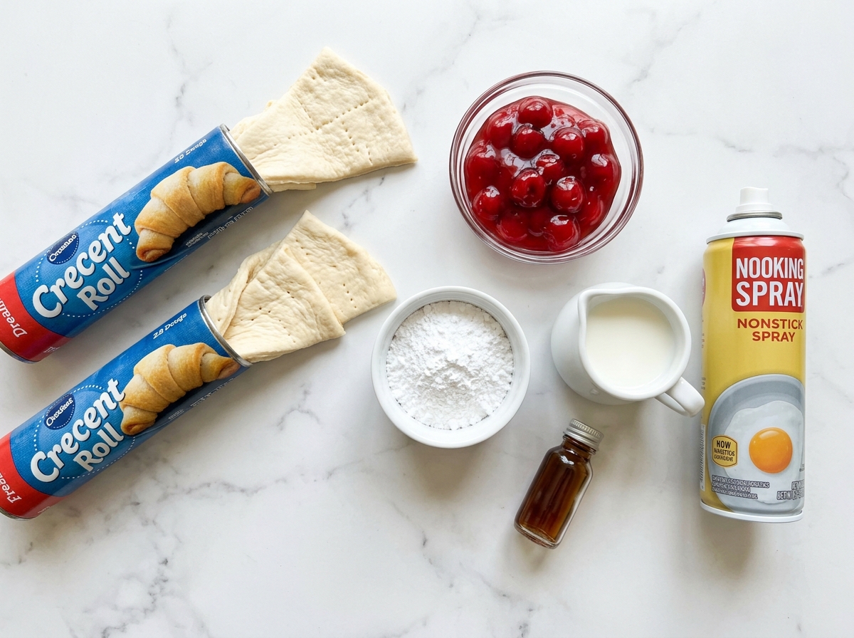 Ingredients for cherry pie bites with crescent dough and cherry filling