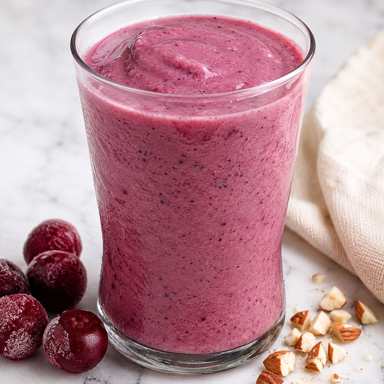 Creamy cherry smoothie in a glass with frozen cherries and almonds