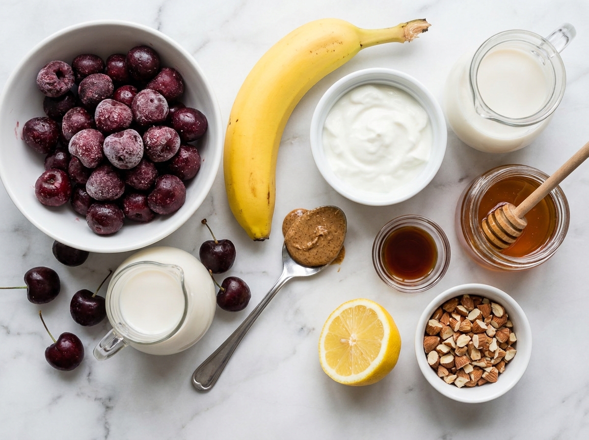 Ingredients for cherry smoothie with cherries, banana, yogurt, milk, and almond butter