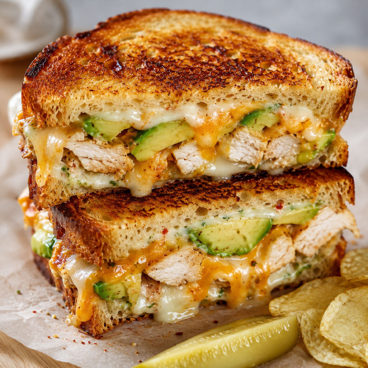 Chicken avocado melt sandwich on toasted sourdough with melted cheese