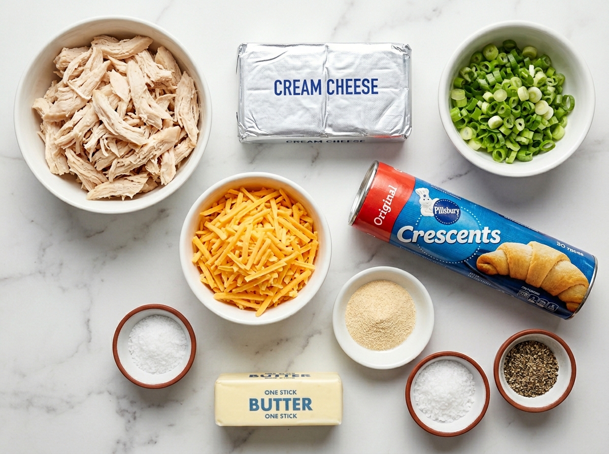 Raw ingredients for chicken bundles including chicken, cream cheese, and crescent dough