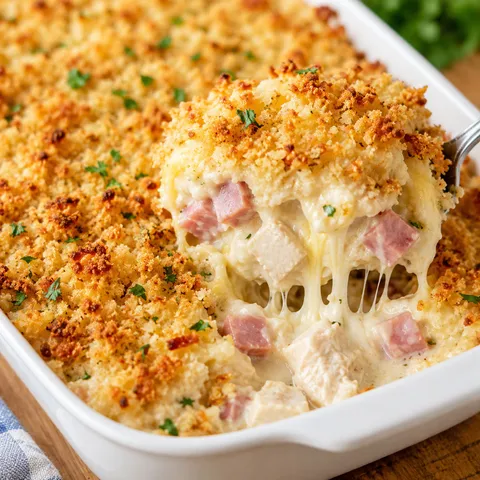 Chicken cordon bleu casserole with golden crumbs and melted Swiss cheese
