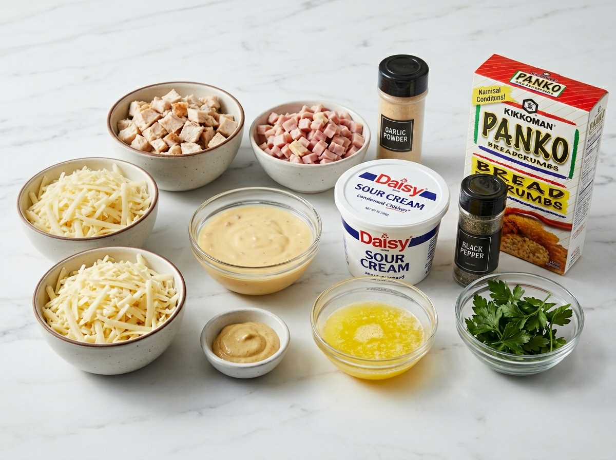 Ingredients for chicken cordon bleu casserole with ham, Swiss, and panko