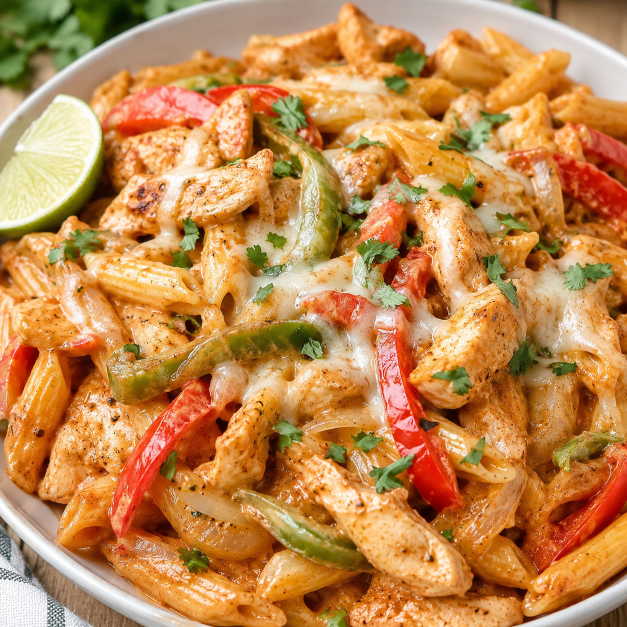 Creamy chicken fajita pasta with peppers, cilantro, and lime