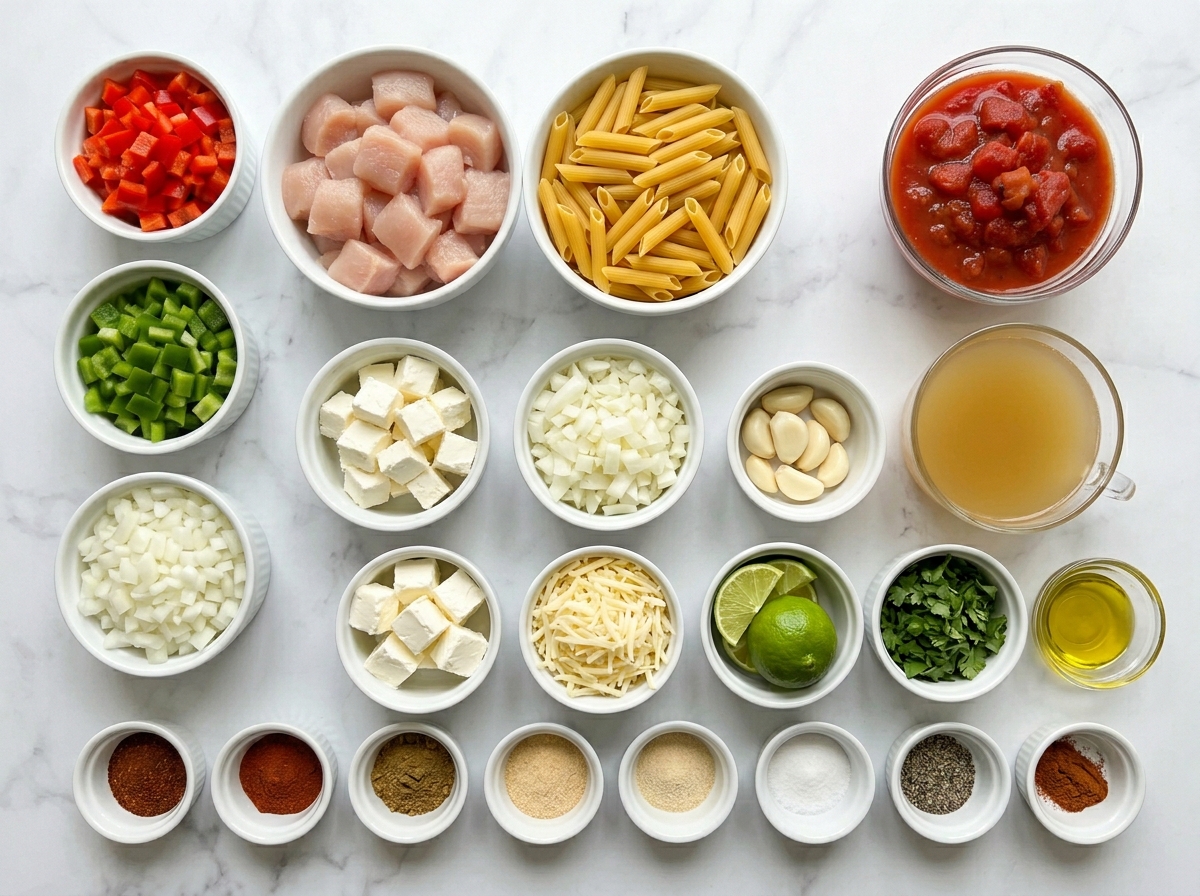 Ingredients for chicken fajita pasta with peppers, pasta, cheese, and spices