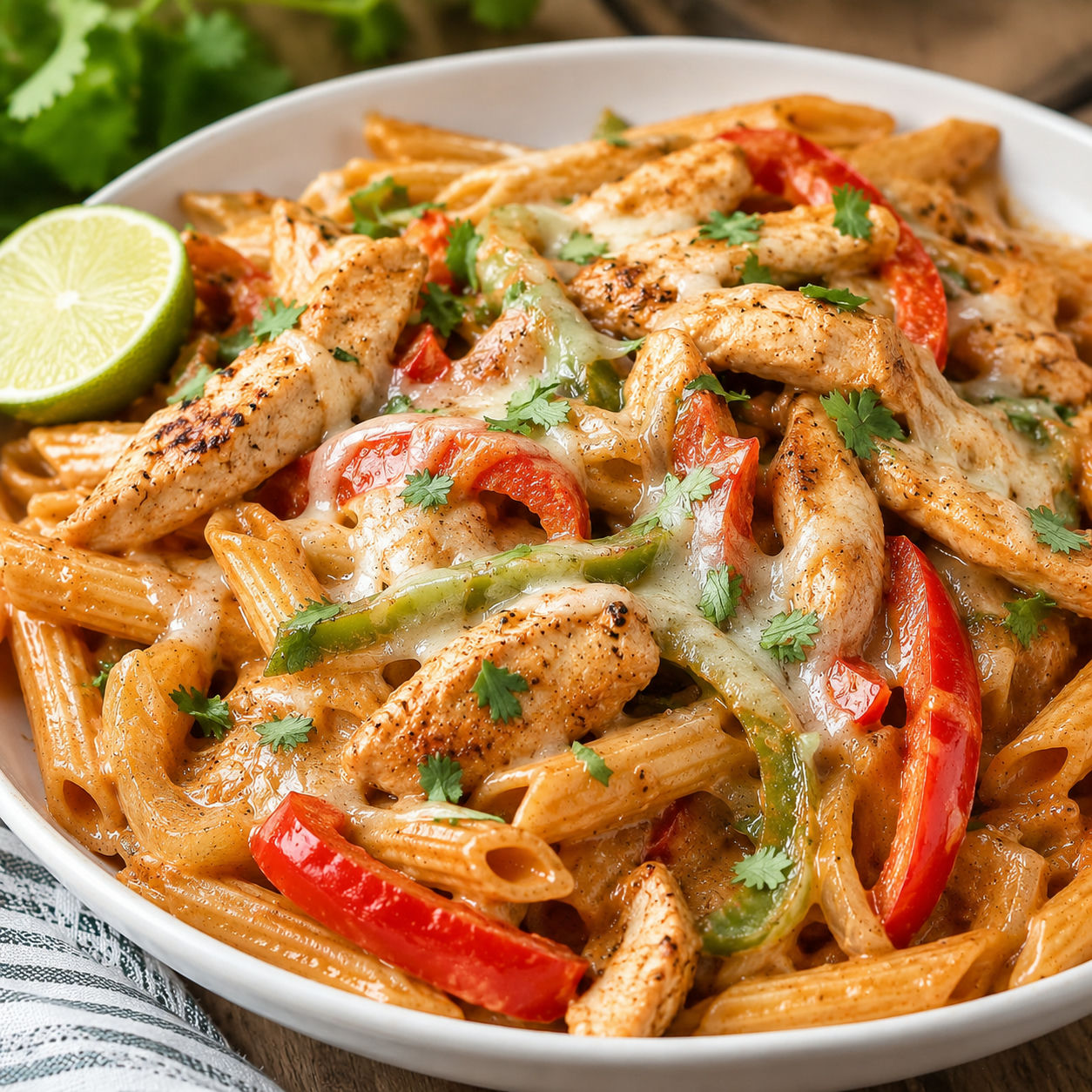 Easy Chicken Fajita Pasta, plated and served