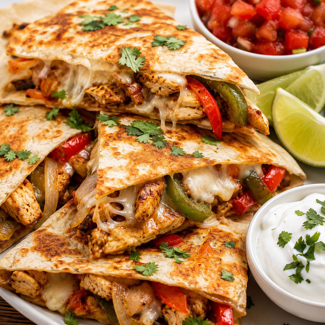 Chicken fajita quesadilla wedges with peppers, melted cheese, cilantro, and lime