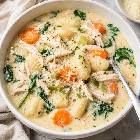 Creamy chicken gnocchi soup with spinach and carrots in a white bowl