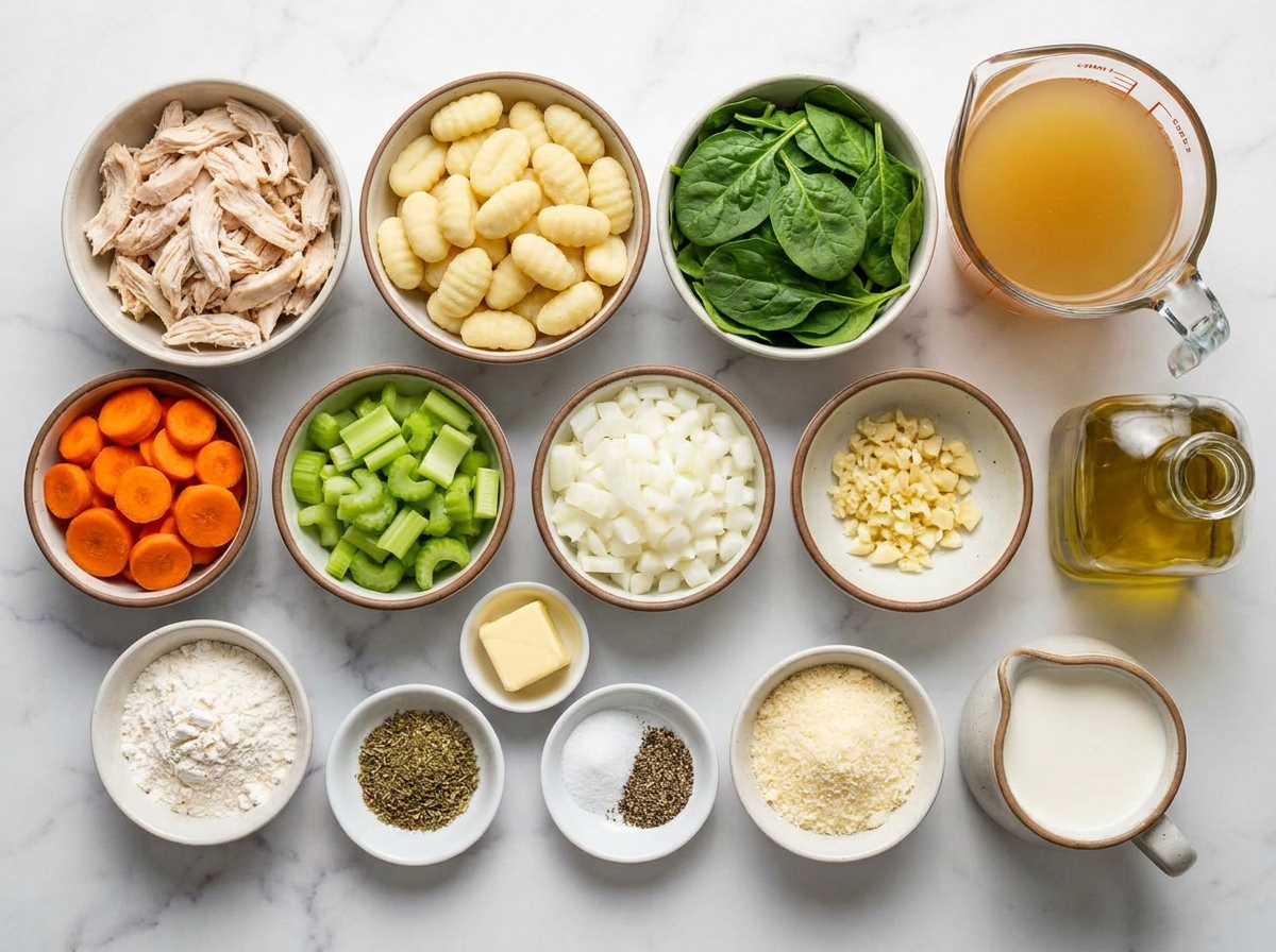 Ingredients for chicken gnocchi soup with chicken, gnocchi, spinach, and vegetables