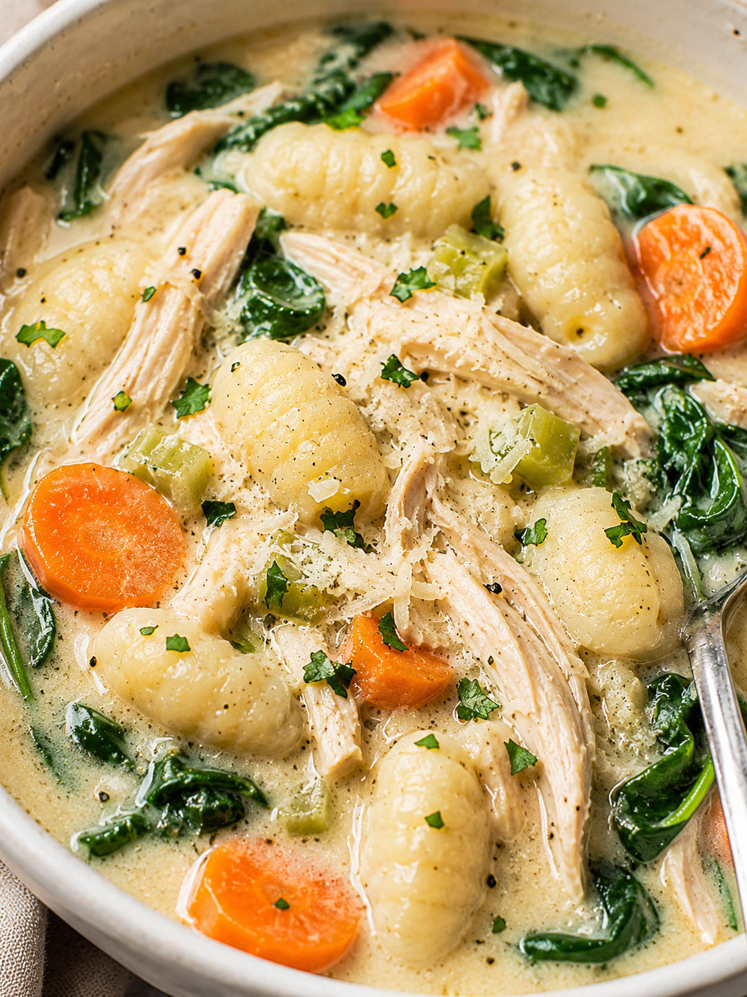 Easy Chicken Gnocchi Soup, plated and served