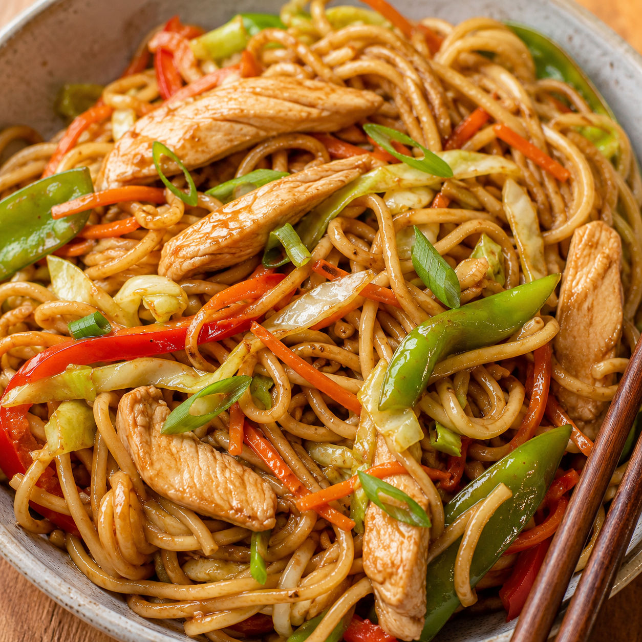 Easy Chicken Lo Mein with chicken, vegetables, and glossy noodles