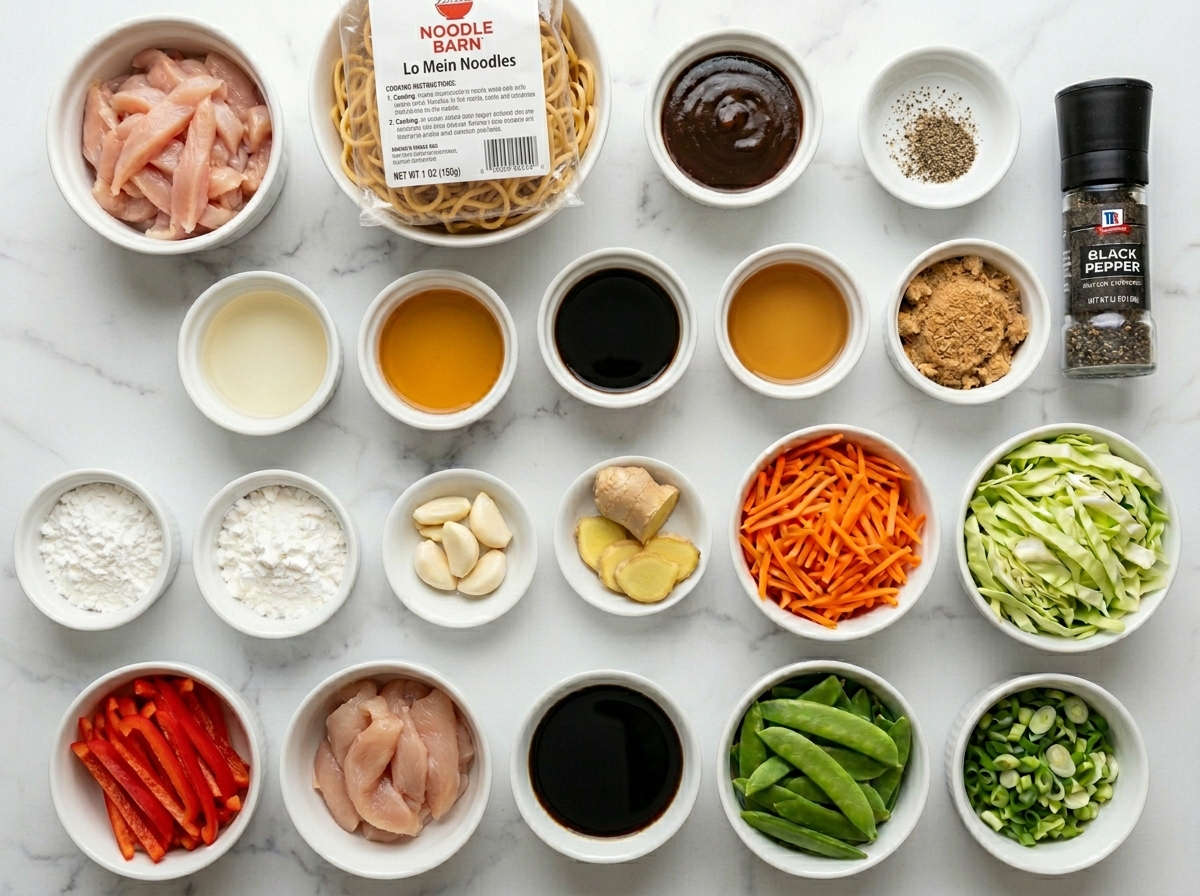 Raw chicken lo mein ingredients with noodles, vegetables, and sauces