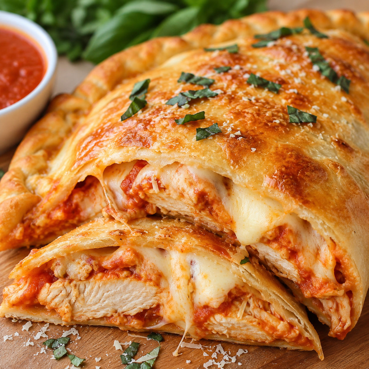 Chicken parmesan calzone sliced open with melted cheese and marinara