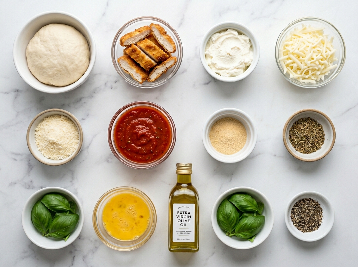 Ingredients for chicken parmesan calzone with dough, chicken, cheese, and marinara