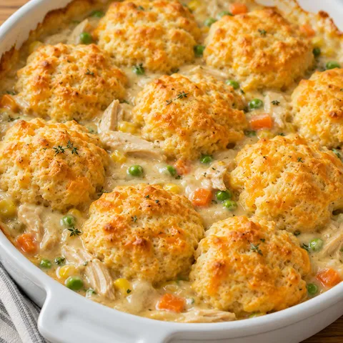 Chicken pot pie casserole with golden cheddar biscuits in a baking dish