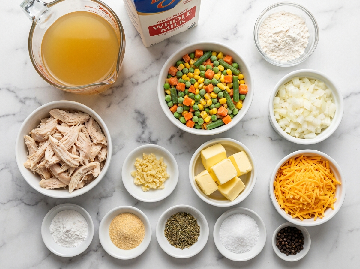 Ingredients for chicken pot pie casserole with cheddar biscuits on a counter