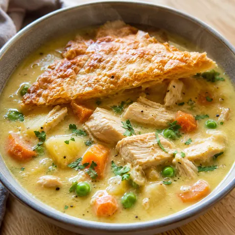 Creamy chicken pot pie soup with vegetables and a flaky pie crust cracker in a bowl