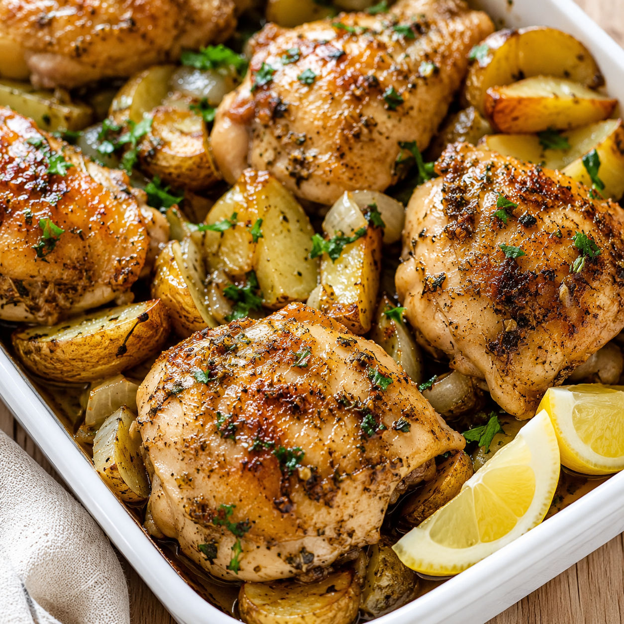 Chicken and potato bake with golden thighs, parsley, and lemon
