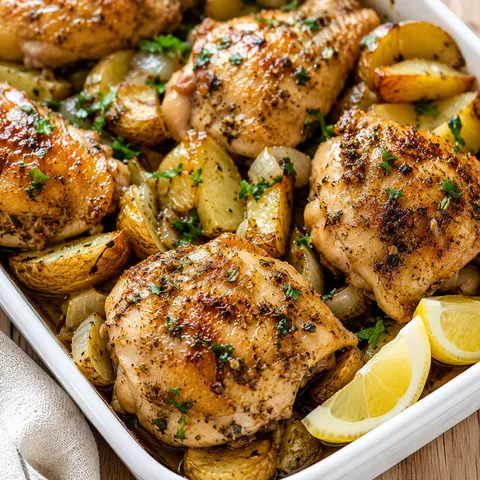 Chicken and potato bake with golden thighs, parsley, and lemon