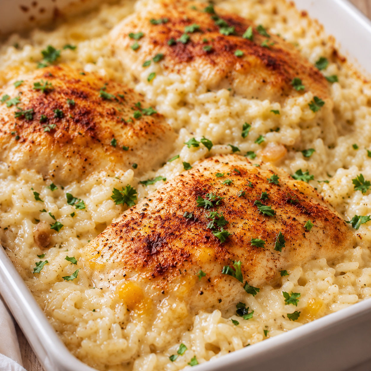 Baked chicken and rice casserole with creamy sauce and parsley